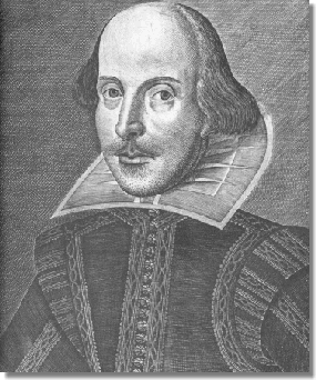 William Shakespeare 1564-1616. This portrait is from the first collection of his works, The First Folio. 1623. Engraved by Martin Droeshout.